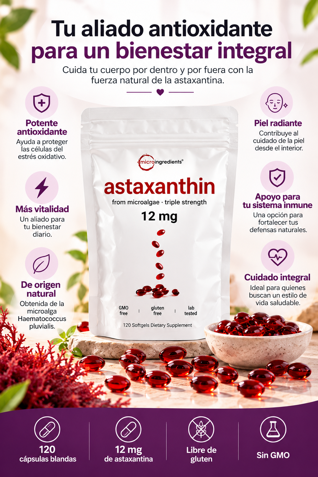 Astaxantina 12 mg | Protección antioxidante y bienestar celular ✨ (120 capsulas)